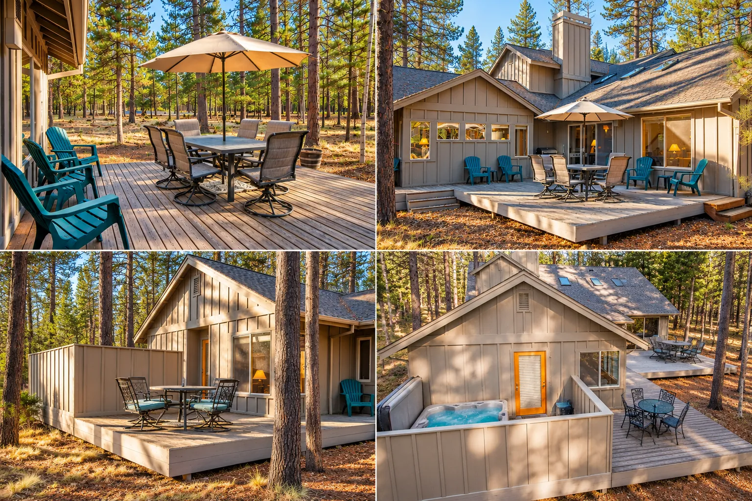 Four views of the back of the house: wraparound decks with patio dining sets, Adirondack chairs, and the fenced hot tub deck, all among ponderosa pines on a half-acre lot