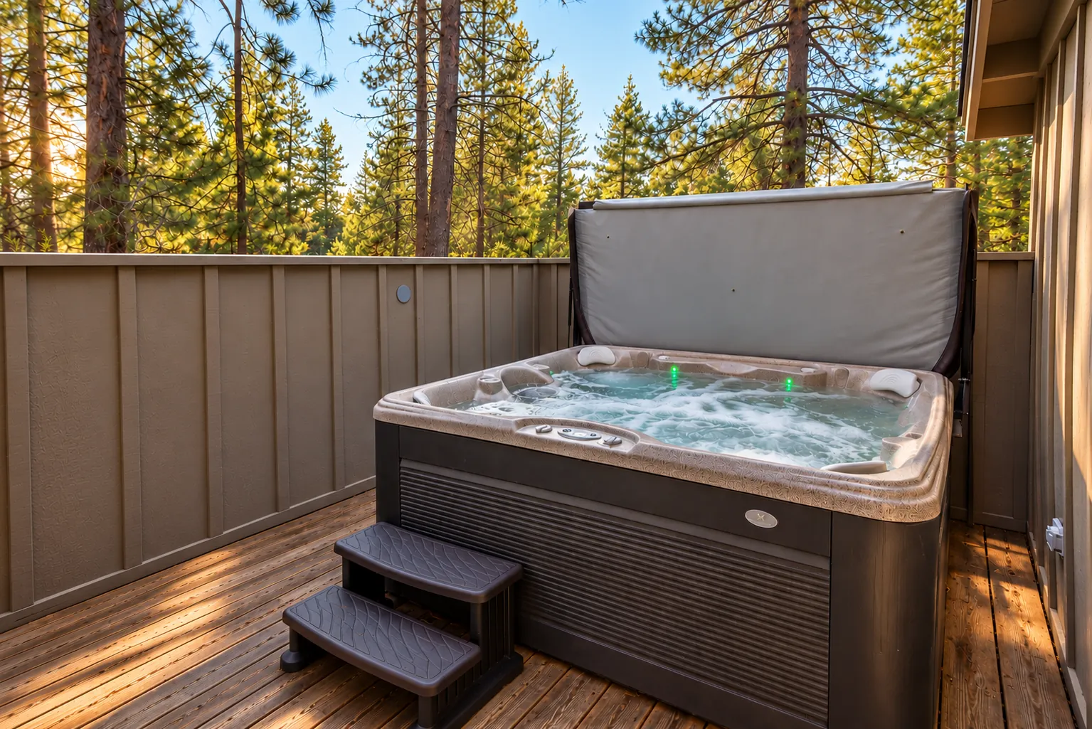 Private hot tub on a screened deck surrounded by pines