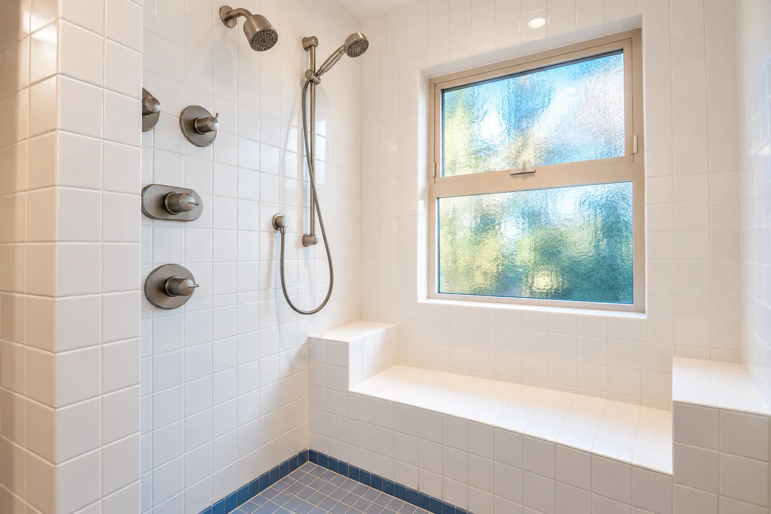 Primary walk-in tiled shower with body sprays, handheld shower and a built-in bench