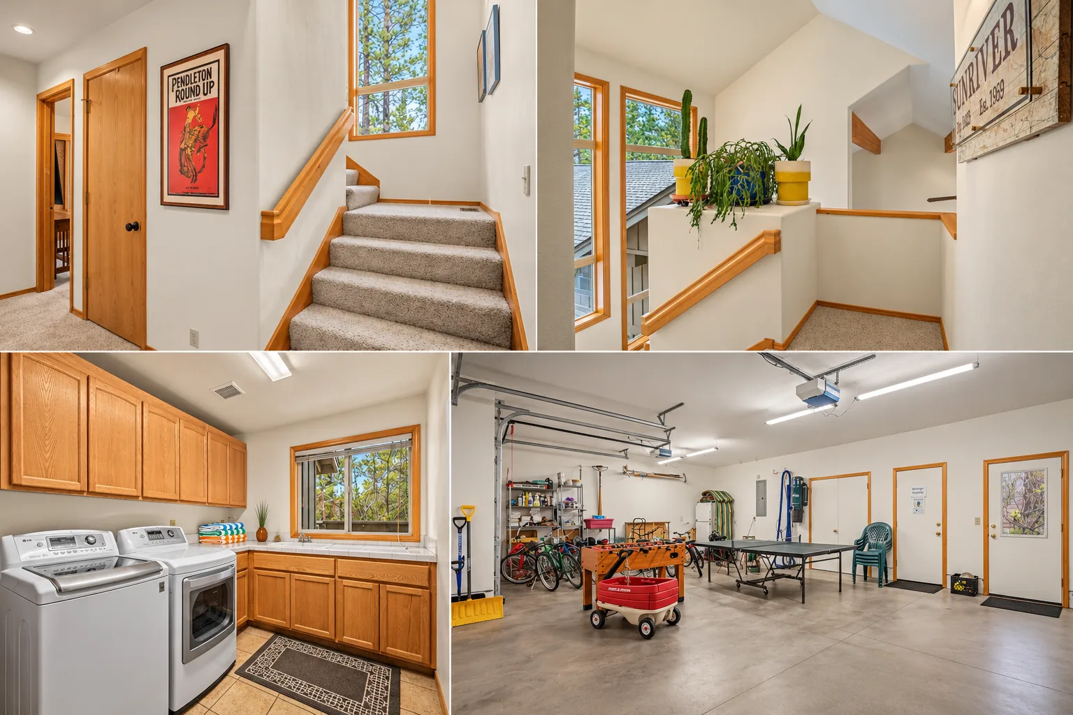 Four views: upstairs hallway and staircase, the upstairs landing, the laundry room with full-size washer and dryer, and the three-car garage with ping-pong table, foosball and bikes